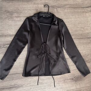Zara Sleek Black Satin Tie-Front Blouse